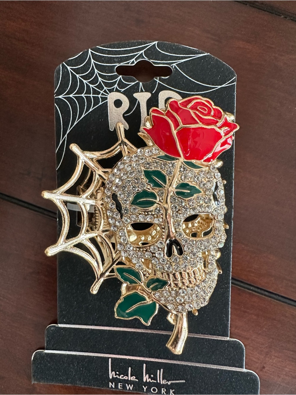 Nicole Miller Gold Crystal Skull Hair Claw Clip with Red Rose rhinestones